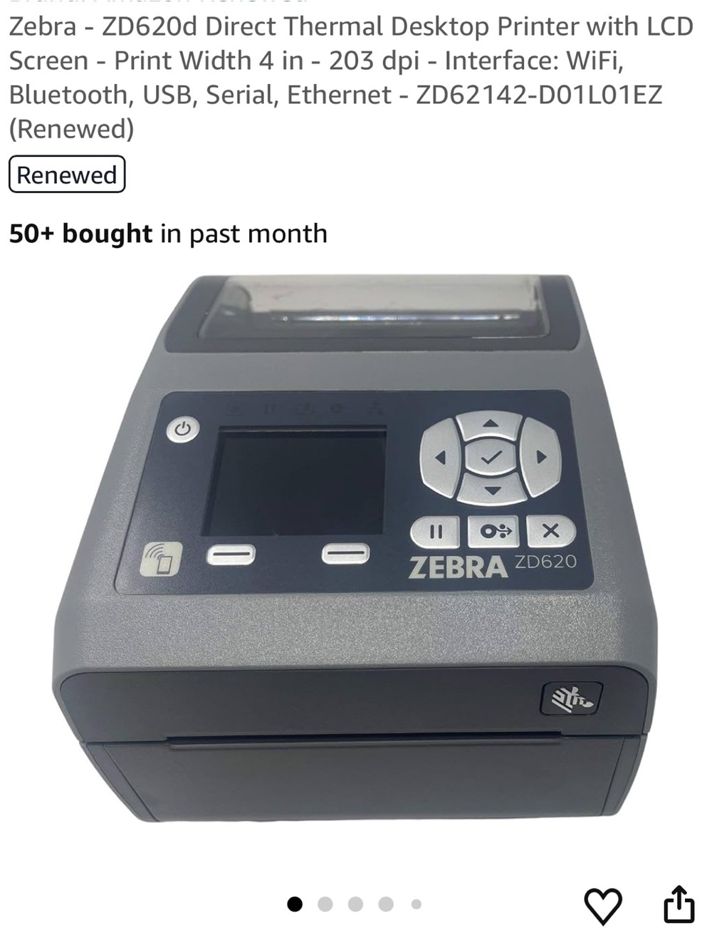 EUC Renewed Zebra - ZD620d Direct Thermal Desktop Printer with LCD screen